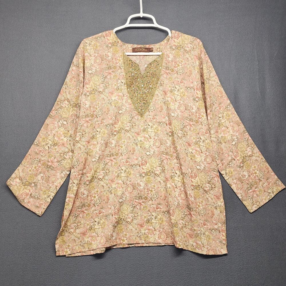 Womens 2XL Tunic Top Pink Gold Floral Embroidered Beaded Long Sleeve Top India